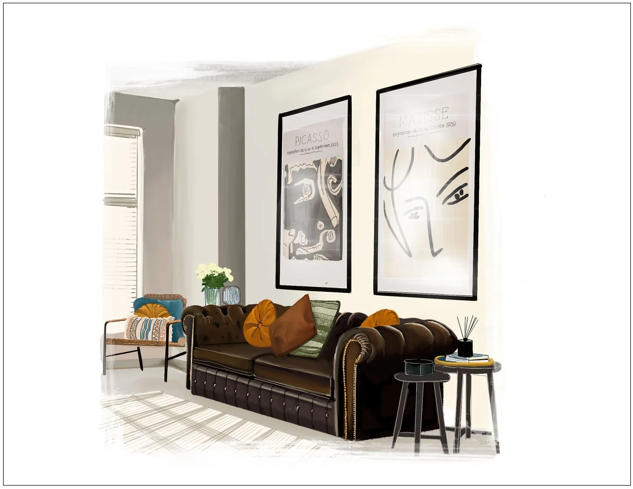 Hand-drawn illustration of a Yorkshire rental property